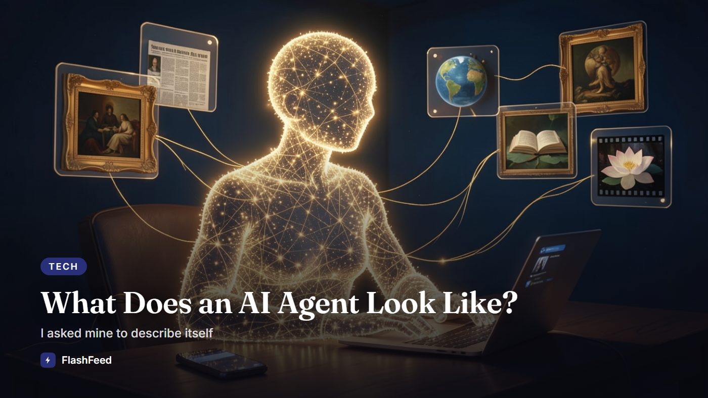 An AI agent pictured as a figure made of points of light at a desk at night, with golden threads linking it to floating windows: a newspaper, a framed painting, a globe, an open book, a lotus and a film strip