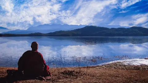 Photo: lake, monk, meditation